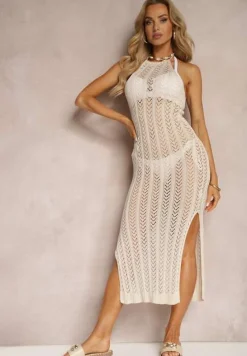 Beżowa Ażurowa Sukienka Bodycon z Rozcięciami i Wiązaniem na Plecach Jonalia