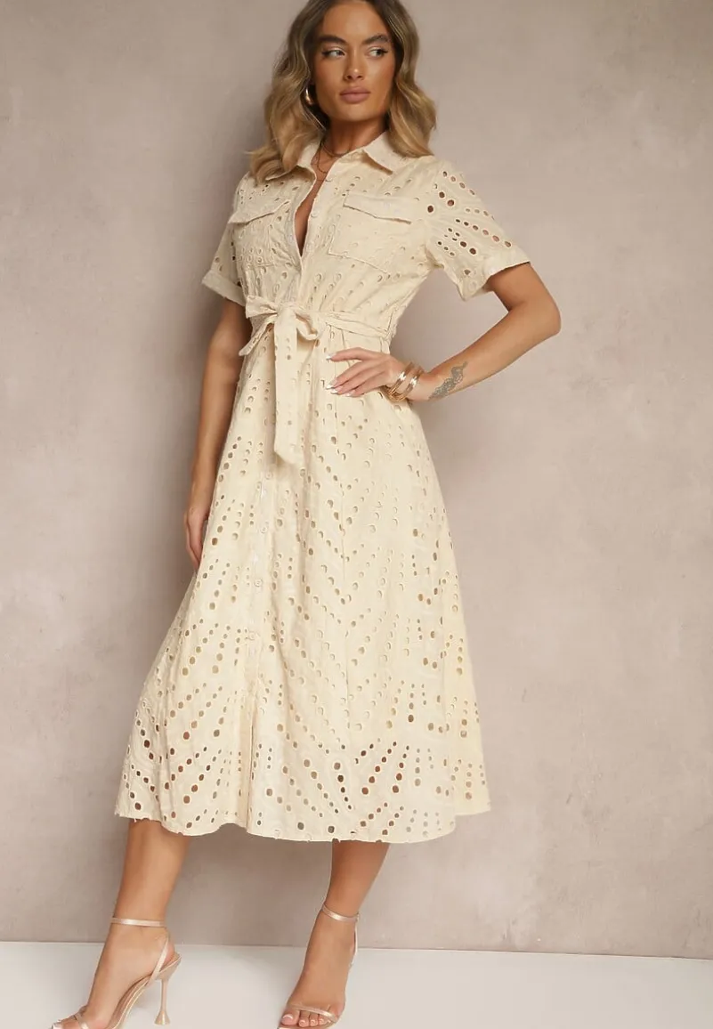 Beżowa Ażurowa Sukienka Koszulowa Ozdobiona Paskiem Rinailia