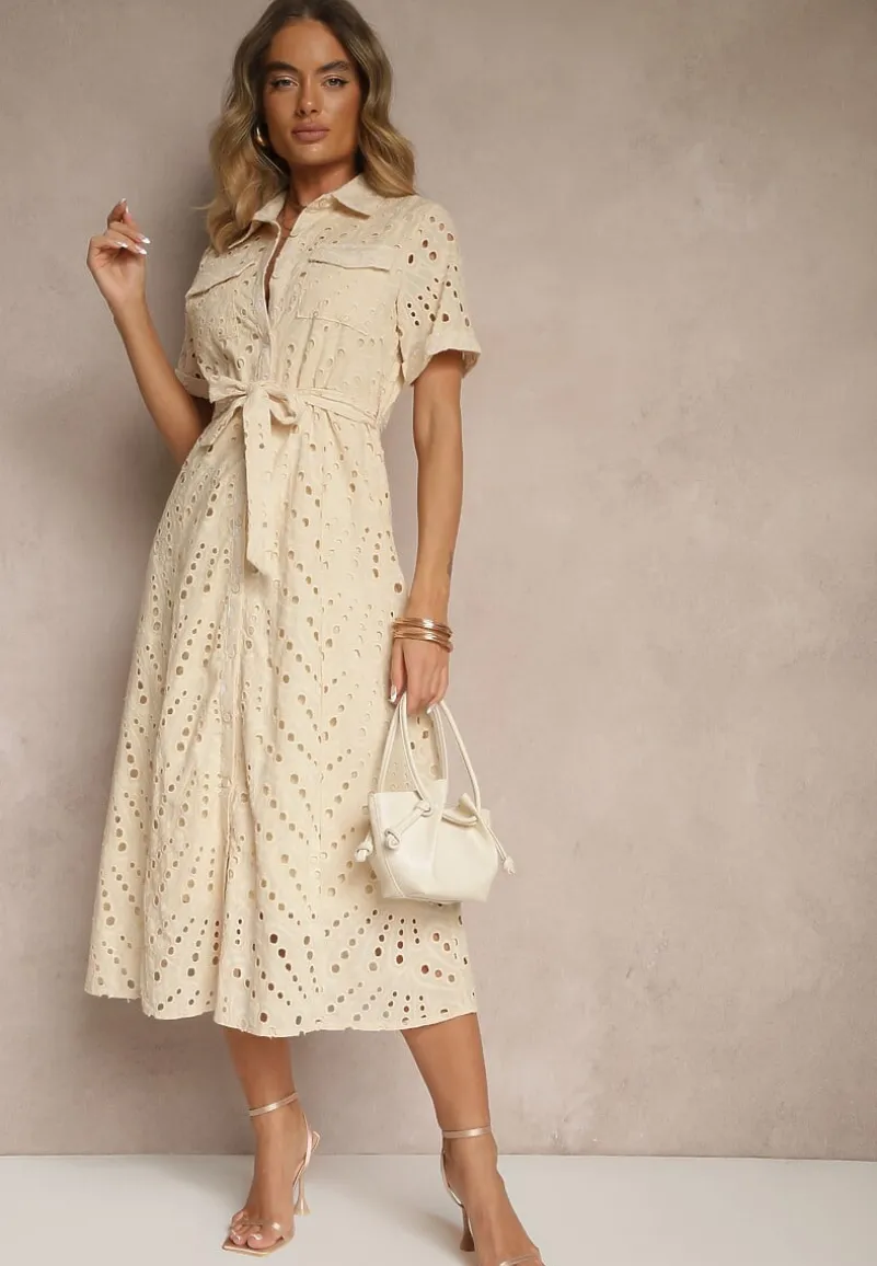 Beżowa Ażurowa Sukienka Koszulowa Ozdobiona Paskiem Rinailia