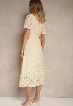 Beżowa Ażurowa Sukienka Koszulowa Ozdobiona Paskiem Rinailia