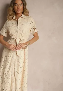 Beżowa Ażurowa Sukienka Koszulowa Ozdobiona Paskiem Rinailia