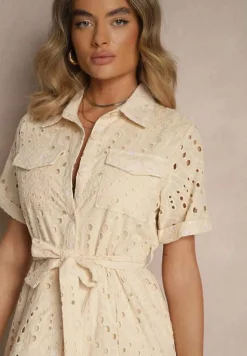 Beżowa Ażurowa Sukienka Koszulowa Ozdobiona Paskiem Rinailia