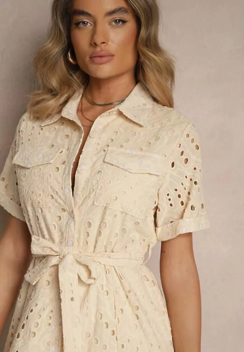 Beżowa Ażurowa Sukienka Koszulowa Ozdobiona Paskiem Rinailia