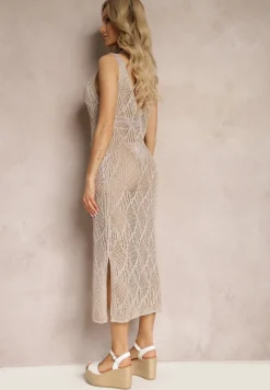 Beżowa Ażurowa Sukienka na Ramiączkach z Wycięciem i Metaliczną Nicią Limada