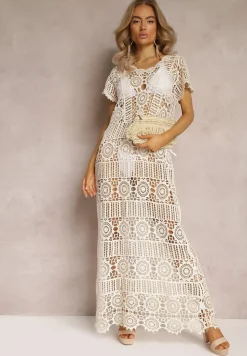 Beżowa Ażurowa Sukienka Plażowa z Bawełny Taymbeth