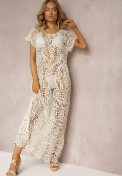 Beżowa Ażurowa Sukienka Plażowa z Bawełny Taymbeth