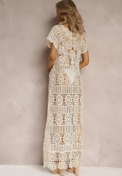 Beżowa Ażurowa Sukienka Plażowa z Bawełny Taymbeth