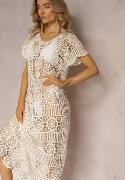 Beżowa Ażurowa Sukienka Plażowa z Bawełny Taymbeth