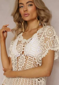 Beżowa Ażurowa Sukienka Plażowa z Bawełny Taymbeth