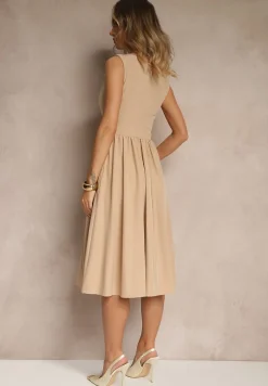 Beżowa Basicowa Sukienka Vices o Rozkloszowanym Kroju Tolaneia