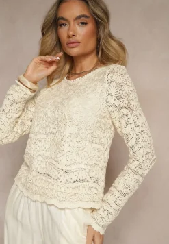 Beżowa Bawełniana Ażurowa Bluzka Clarisae