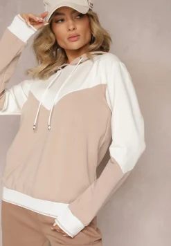 Beżowa Bawełniana Bluza z Geometrycznym Kolorowym Przeszyciem i Kapturem Vifia