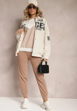 Beżowa Bawełniana Bluza z Geometrycznym Kolorowym Przeszyciem i Kapturem Vifia