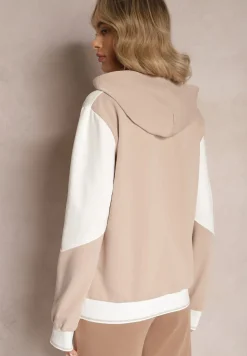 Beżowa Bawełniana Bluza z Geometrycznym Kolorowym Przeszyciem i Kapturem Vifia