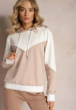 Beżowa Bawełniana Bluza z Geometrycznym Kolorowym Przeszyciem i Kapturem Vifia