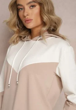 Beżowa Bawełniana Bluza z Geometrycznym Kolorowym Przeszyciem i Kapturem Vifia