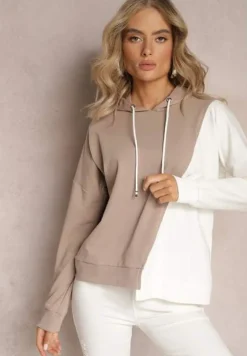 Beżowa Bawełniana Bluza z Kapturem i Ściągaczami Ardente