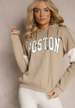 Beżowa Bawełniana Bluza z Kapturem w Amerykańskim Stylu z Napisem i Polarem Iocaste