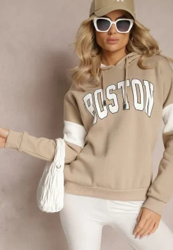Beżowa Bawełniana Bluza z Kapturem w Amerykańskim Stylu z Napisem i Polarem Iocaste