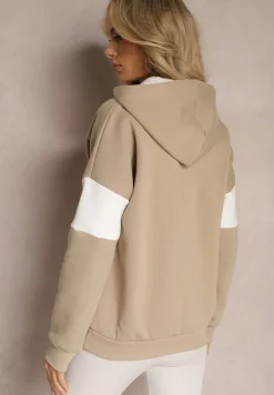 Beżowa Bawełniana Bluza z Kapturem w Amerykańskim Stylu z Napisem i Polarem Iocaste