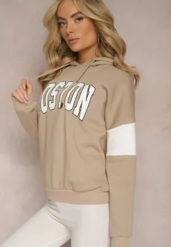 Beżowa Bawełniana Bluza z Kapturem w Amerykańskim Stylu z Napisem i Polarem Iocaste