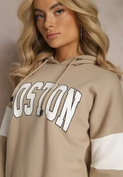 Beżowa Bawełniana Bluza z Kapturem w Amerykańskim Stylu z Napisem i Polarem Iocaste