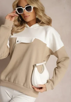 Beżowa Bawełniana Bluza z Kapturem i Łańcuszkiem Ambriella