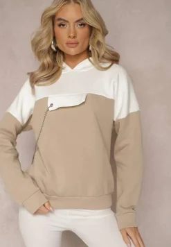 Beżowa Bawełniana Bluza z Kapturem i Łańcuszkiem Ambriella