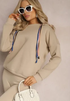 Beżowa Bawełniana Bluza z Sznurkami i Kapturem Tyche