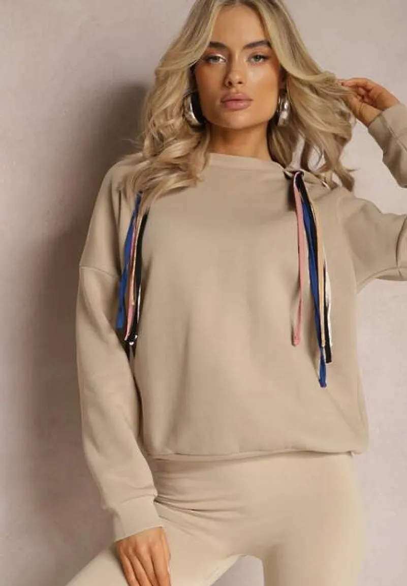 Beżowa Bawełniana Bluza z Sznurkami i Kapturem Tyche