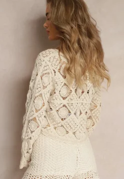 Beżowa Bawełniana Bluzka Ażurowa na Guziki Quartisa