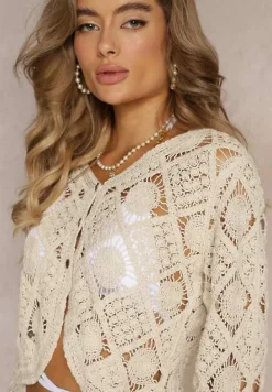 Beżowa Bawełniana Bluzka Ażurowa na Guziki Quartisa