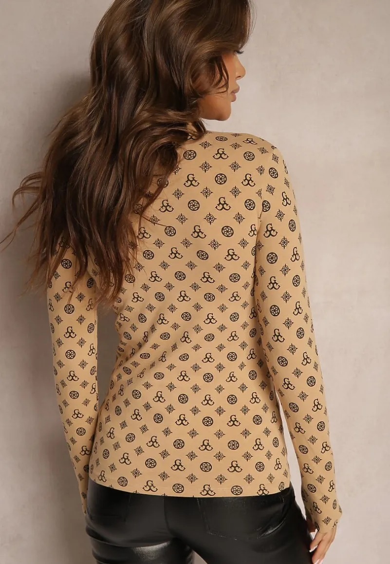 Beżowa Bawełniana Bluzka Golf Ozdobiona Geometrycznym Motywem Ahlinna