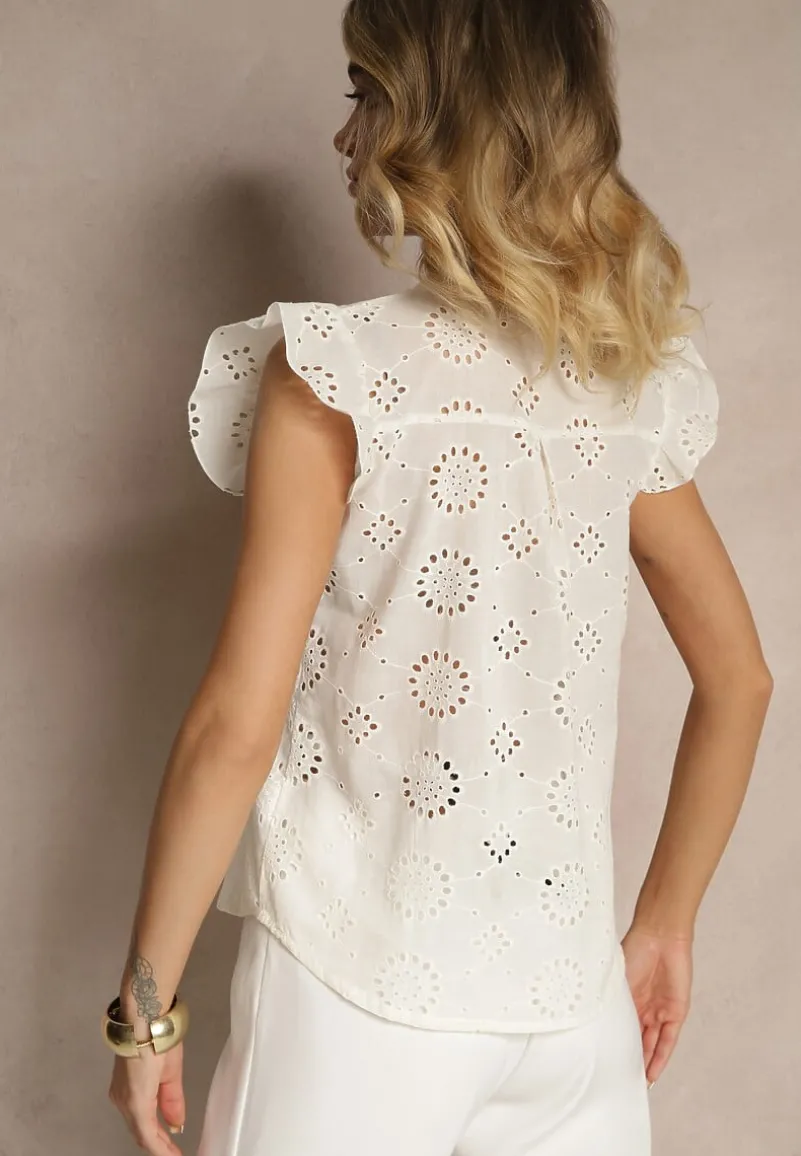 Beżowa Bawełniana Bluzka Ozdobiona Falbankami i Ażurowym Wzorem Grelzeki