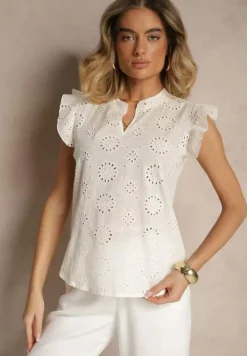 Beżowa Bawełniana Bluzka Ozdobiona Falbankami i Ażurowym Wzorem Grelzeki