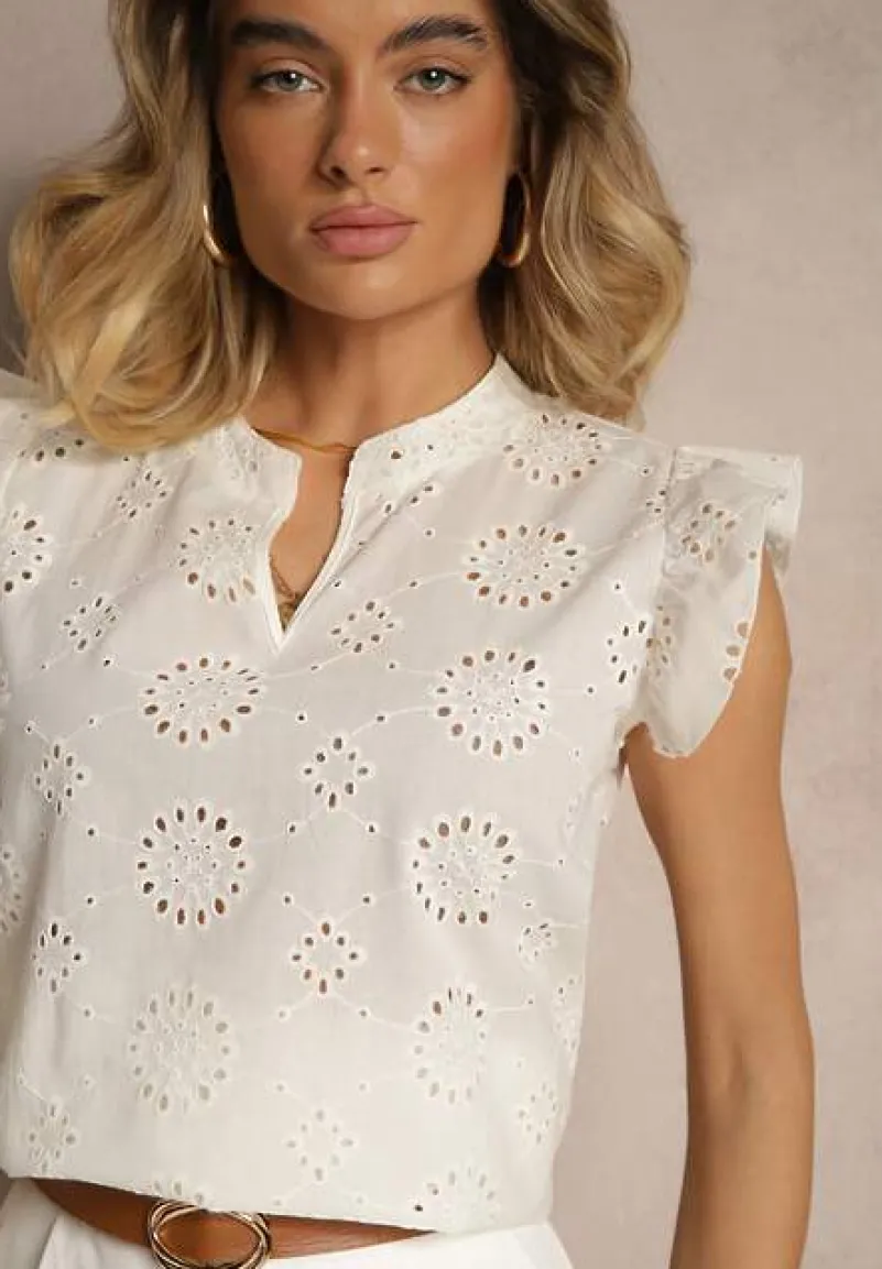 Beżowa Bawełniana Bluzka Ozdobiona Falbankami i Ażurowym Wzorem Grelzeki