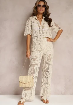 Beżowa Bawełniana Bluzka Szydełkowa na Guziki Zanice