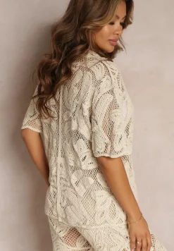 Beżowa Bawełniana Bluzka Szydełkowa na Guziki Zanice