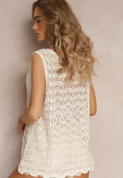 Beżowa Bawełniana Bluzka Top w Ażurowym Stylu Kimbelta