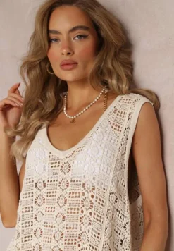 Beżowa Bawełniana Bluzka Top w Ażurowym Stylu Kimbelta