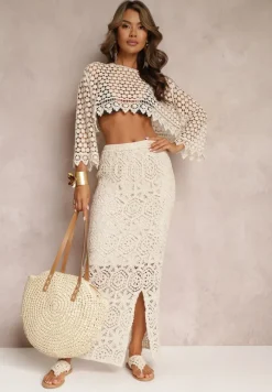 Beżowa Bawełniana Bluzka w Ażurowym Stylu Kettelie