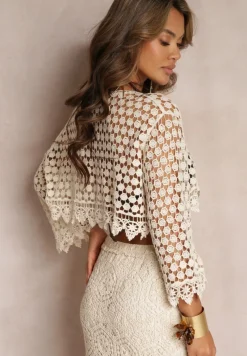 Beżowa Bawełniana Bluzka w Ażurowym Stylu Kettelie