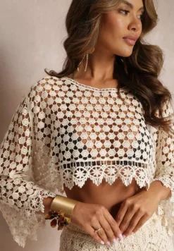 Beżowa Bawełniana Bluzka w Ażurowym Stylu Kettelie