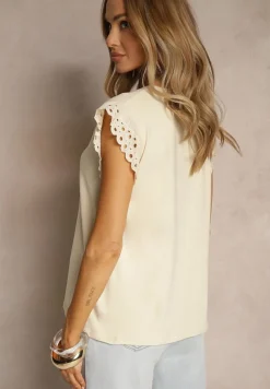 Beżowa Bawełniana Bluzka z Krótkim Rękawem z Ażurowej Falbanki Voanira