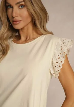 Beżowa Bawełniana Bluzka z Krótkim Rękawem z Ażurowej Falbanki Voanira