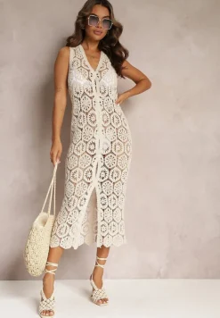 Beżowa Bawełniana Dopasowana Sukienka Midi Narzutka z Ażurowej Dzianiny Zapinana na Guziki Renleia