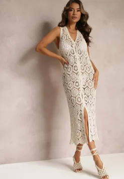 Beżowa Bawełniana Dopasowana Sukienka Midi Narzutka z Ażurowej Dzianiny Zapinana na Guziki Renleia