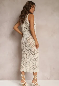 Beżowa Bawełniana Dopasowana Sukienka Midi Narzutka z Ażurowej Dzianiny Zapinana na Guziki Renleia