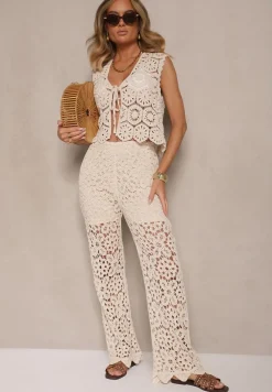 Beżowa Bawełniana Kamizelka o Szydełkowym Splocie z Wiązaniem Folidea