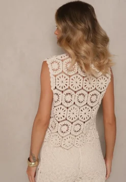 Beżowa Bawełniana Kamizelka o Szydełkowym Splocie z Wiązaniem Folidea